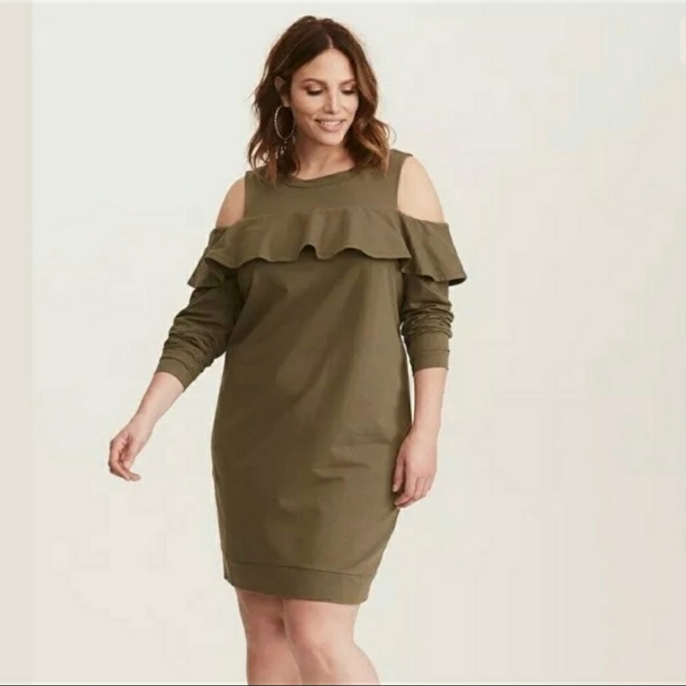 Olive green, cold shoulder, sweater dress